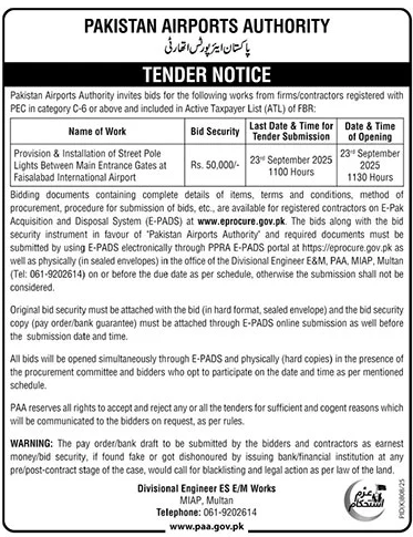 Pakistan Airports Authority Multan Tender Notice